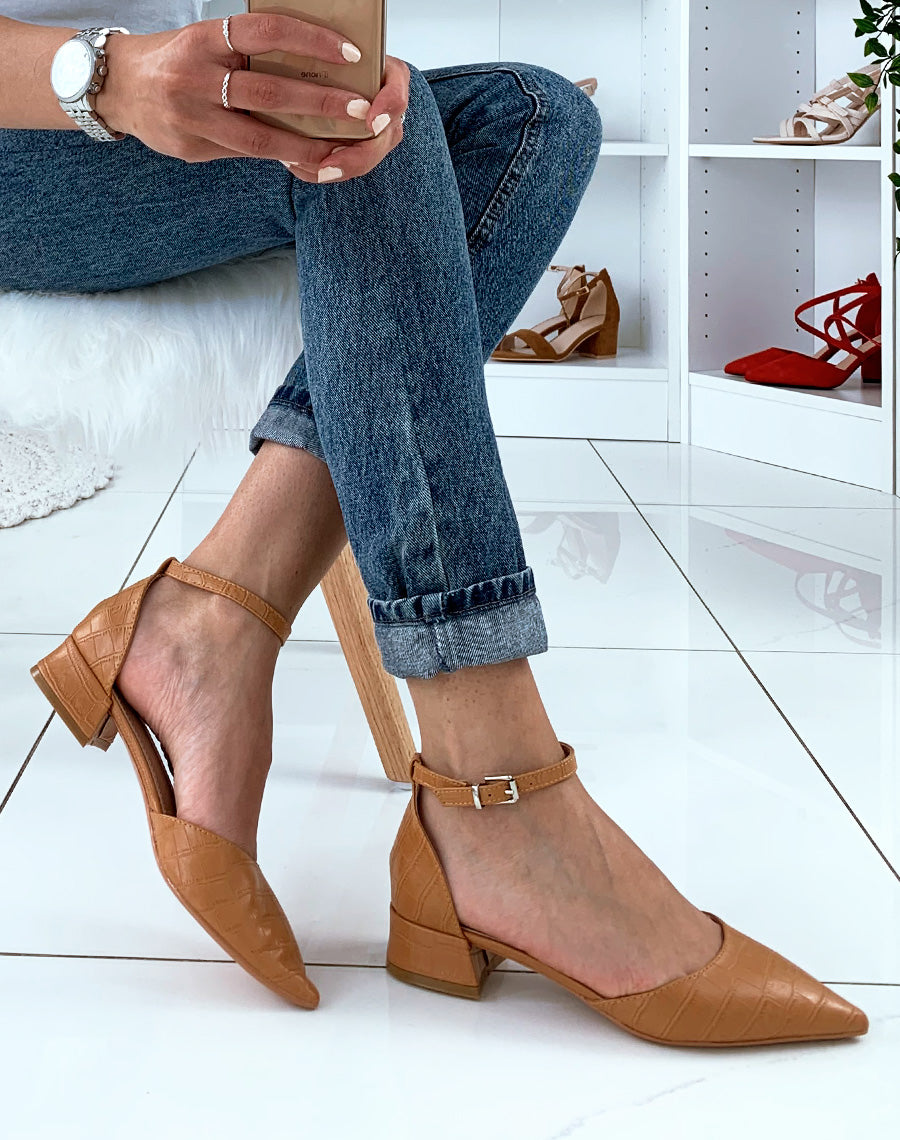 Escarpins à petit talon camel effet croco