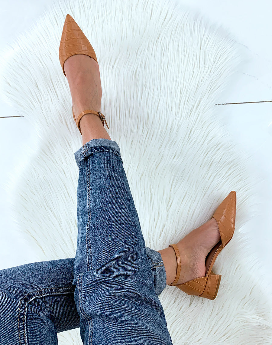 Escarpins à petit talon camel effet croco