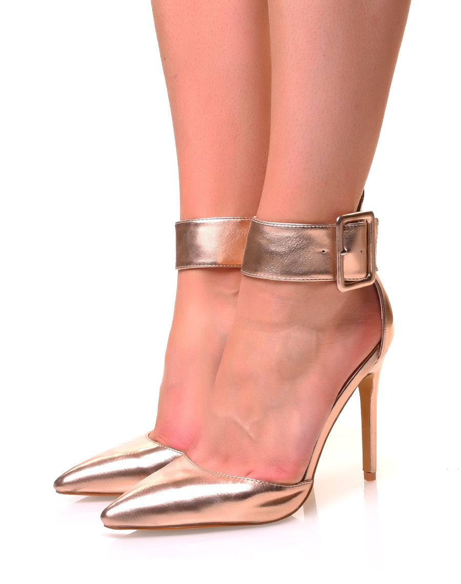 Escarpins roses golds effet métallique à larges brides