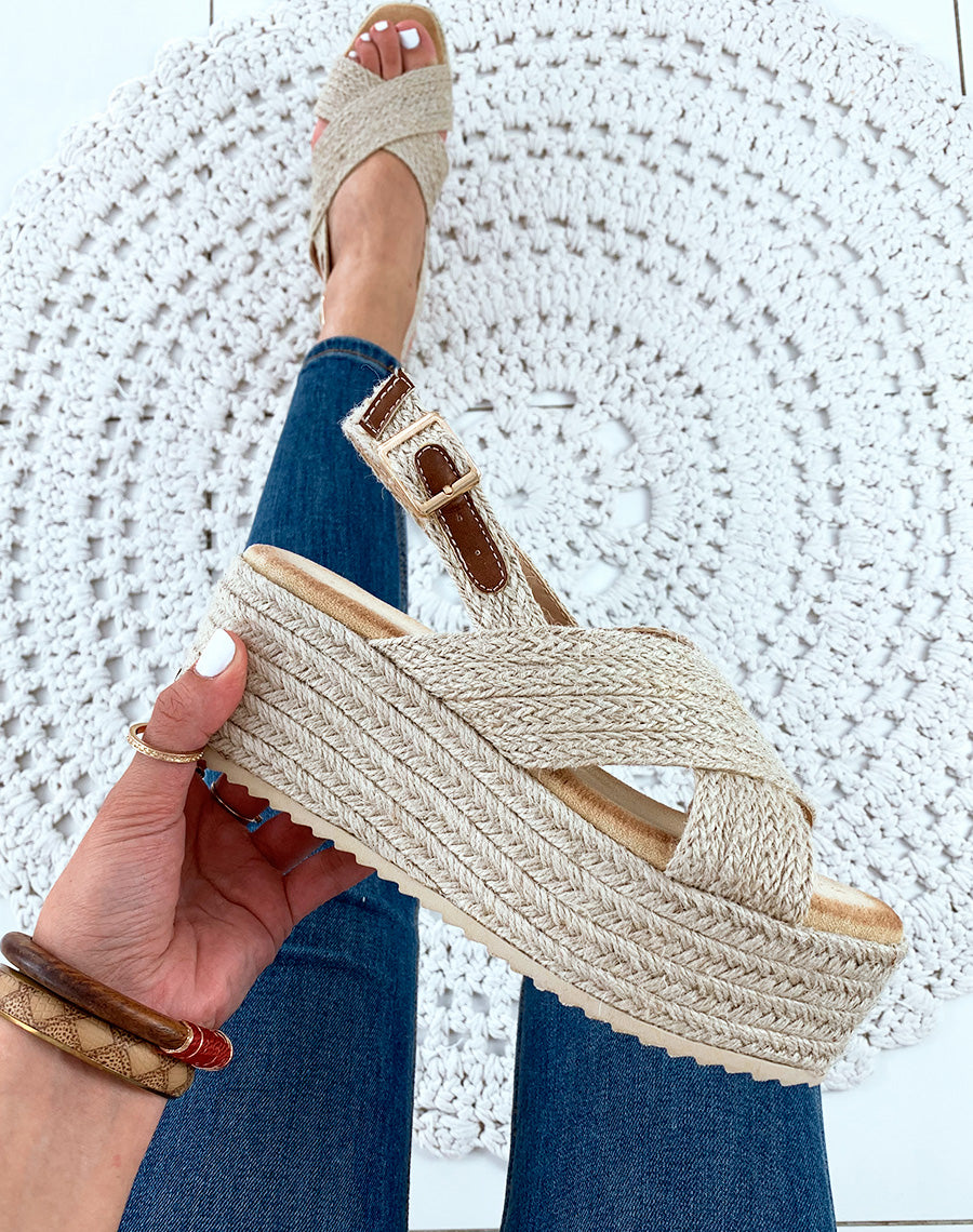 Espadrilles compensées en raphia beige