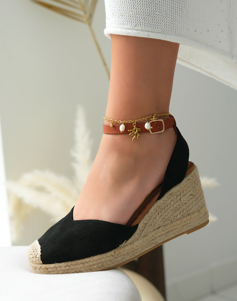 Espadrilles compensées femme en suédine noire avec lanière ajustable camel