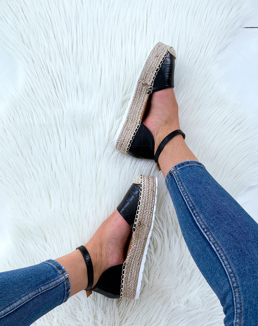 Espadrilles compensées noires effet croco