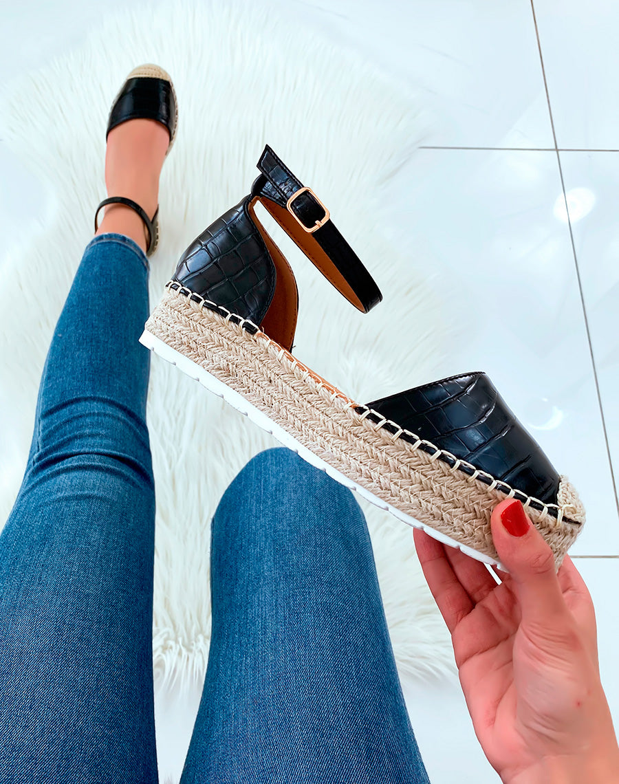 Espadrilles compensées noires effet croco