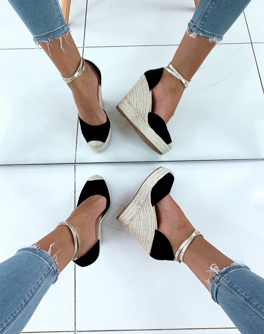 Espadrilles noires en suédine et doré à talons compensés