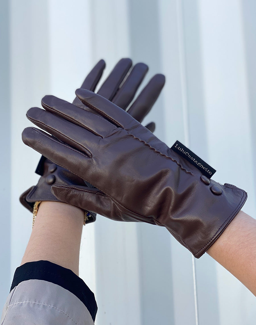 Gants en cuir chocolat LuluCastagnette 2 boutons déco