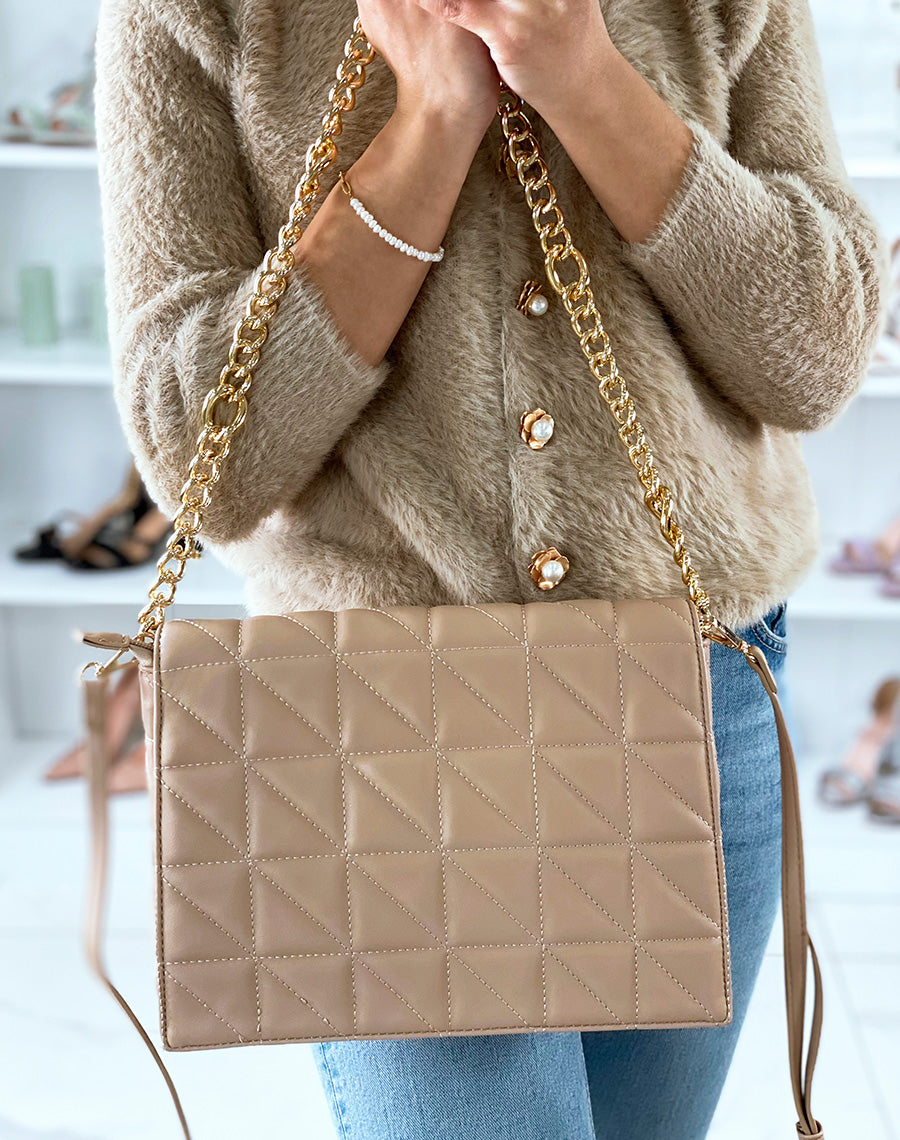 Grand sac bandoulière beige effet matelassé