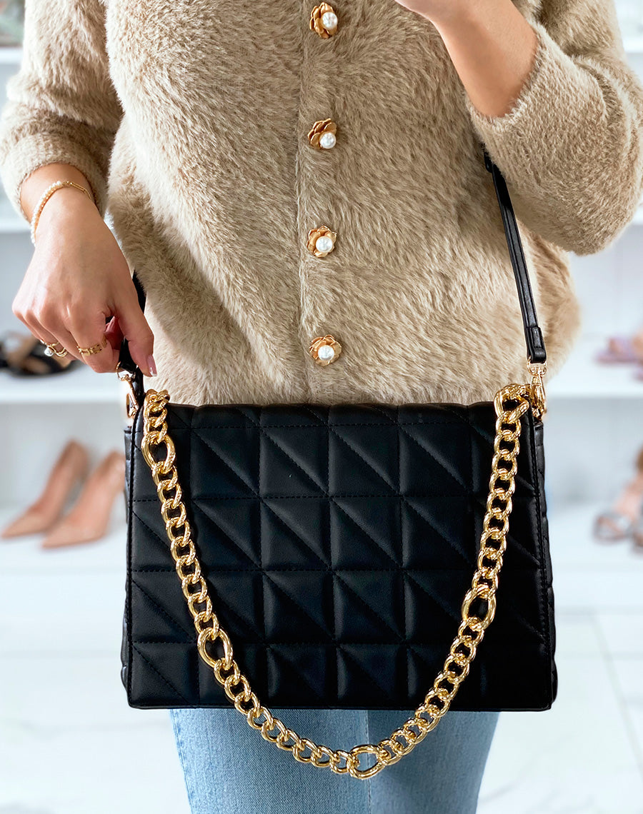 Grand sac bandoulière noir effet matelassé