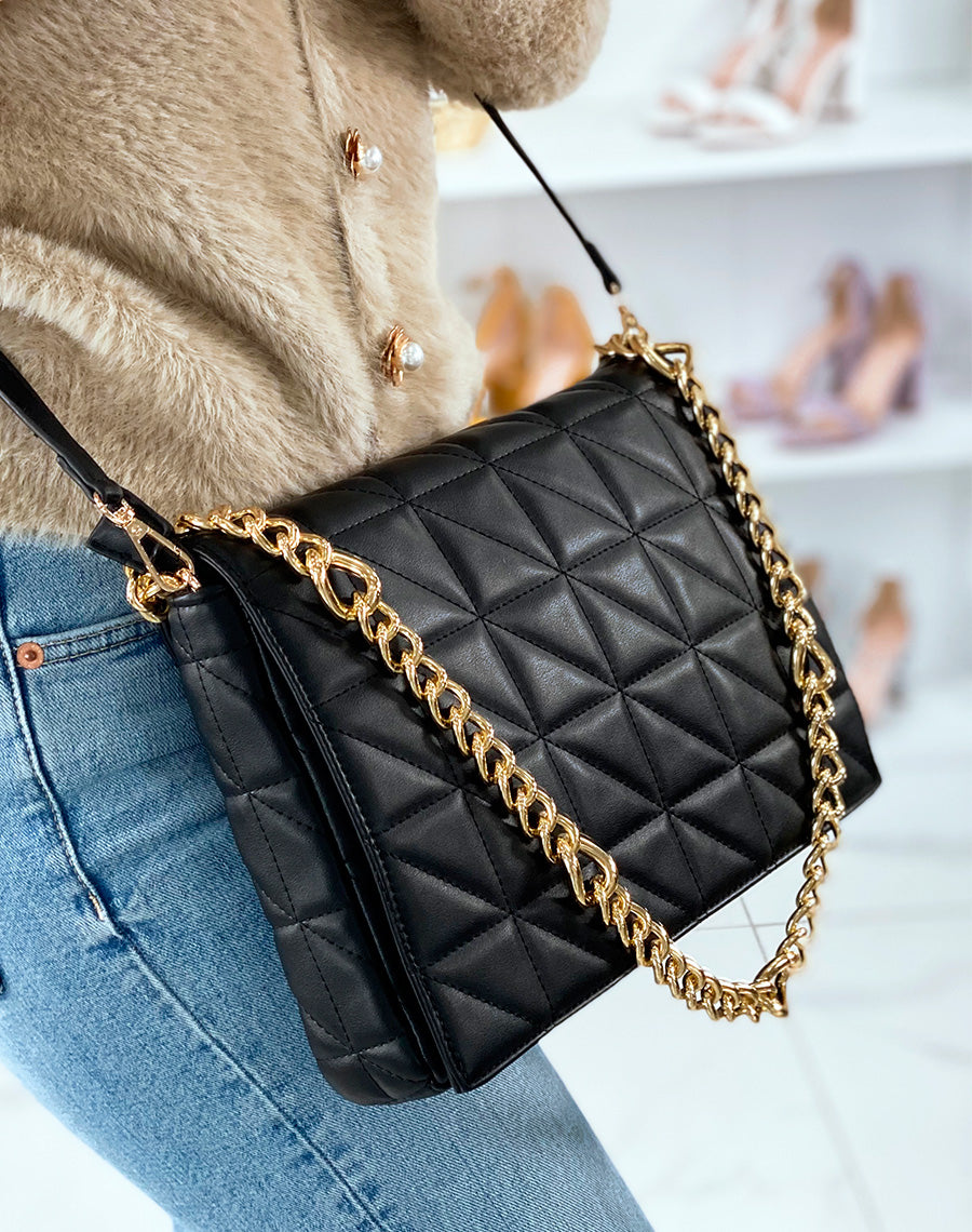 Grand sac bandoulière noir effet matelassé