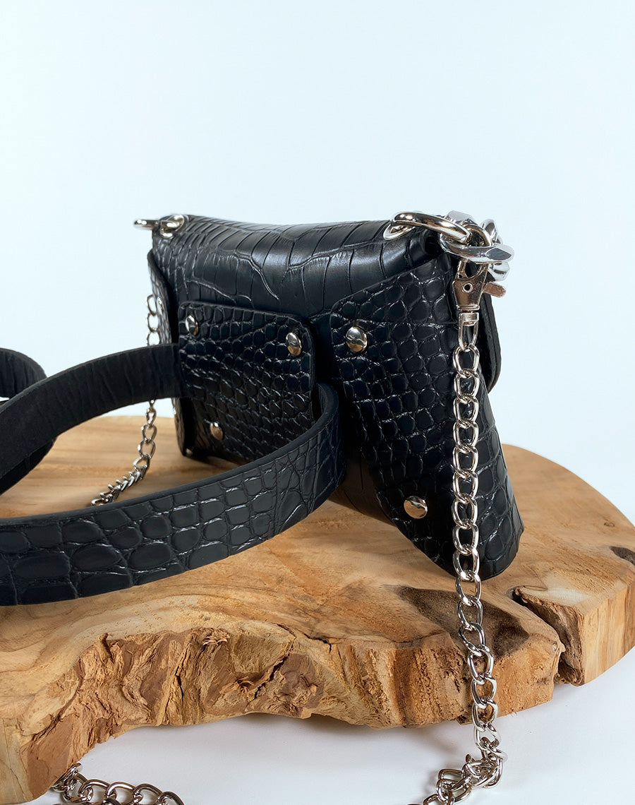 Mini sac bandoulière noir effet croco