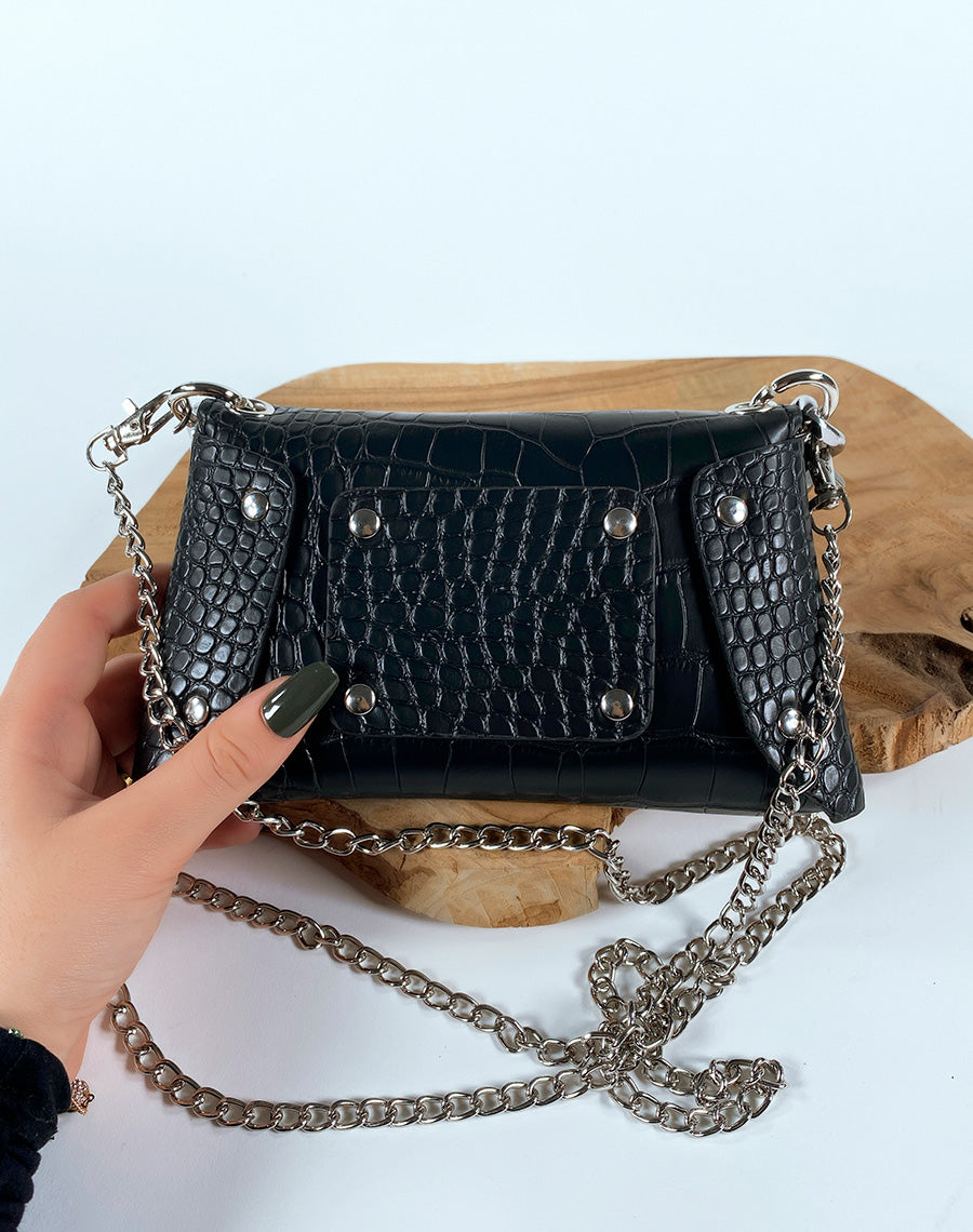 Mini sac bandoulière noir effet croco