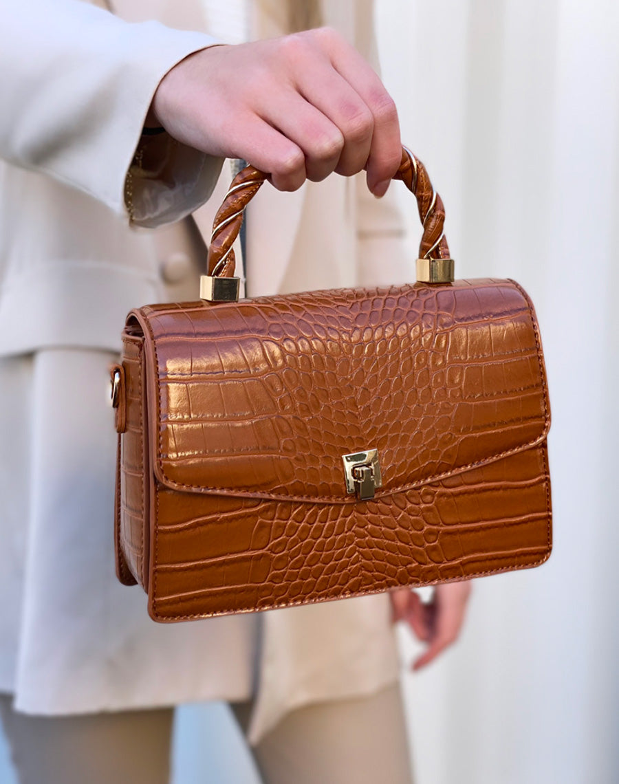 Mini sac à main camel effet croco aux détails dorés