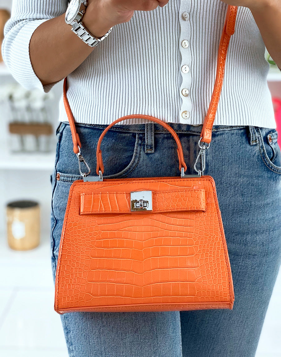 Mini sac à main effet croco orange