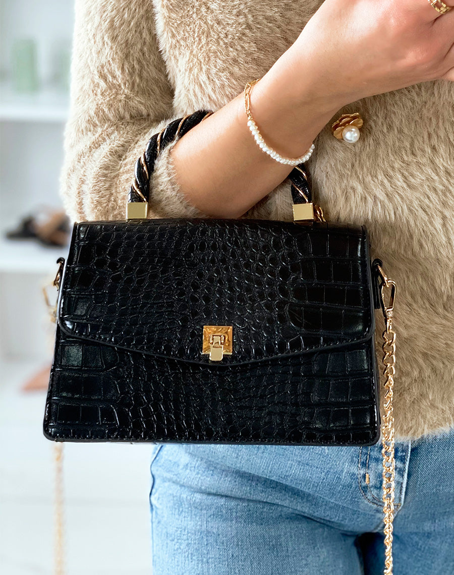 Mini sac à main noir effet croco aux détails dorés