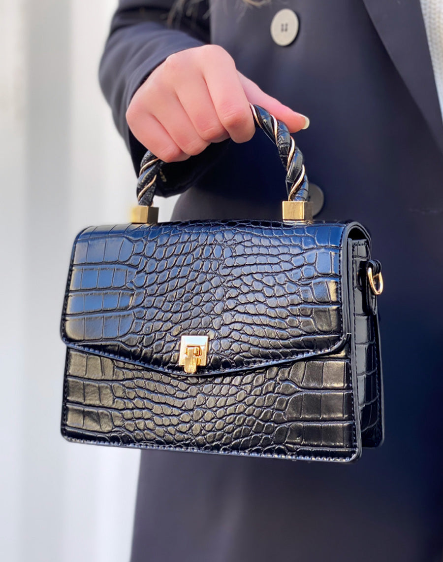 Mini sac à main noir effet croco aux détails dorés