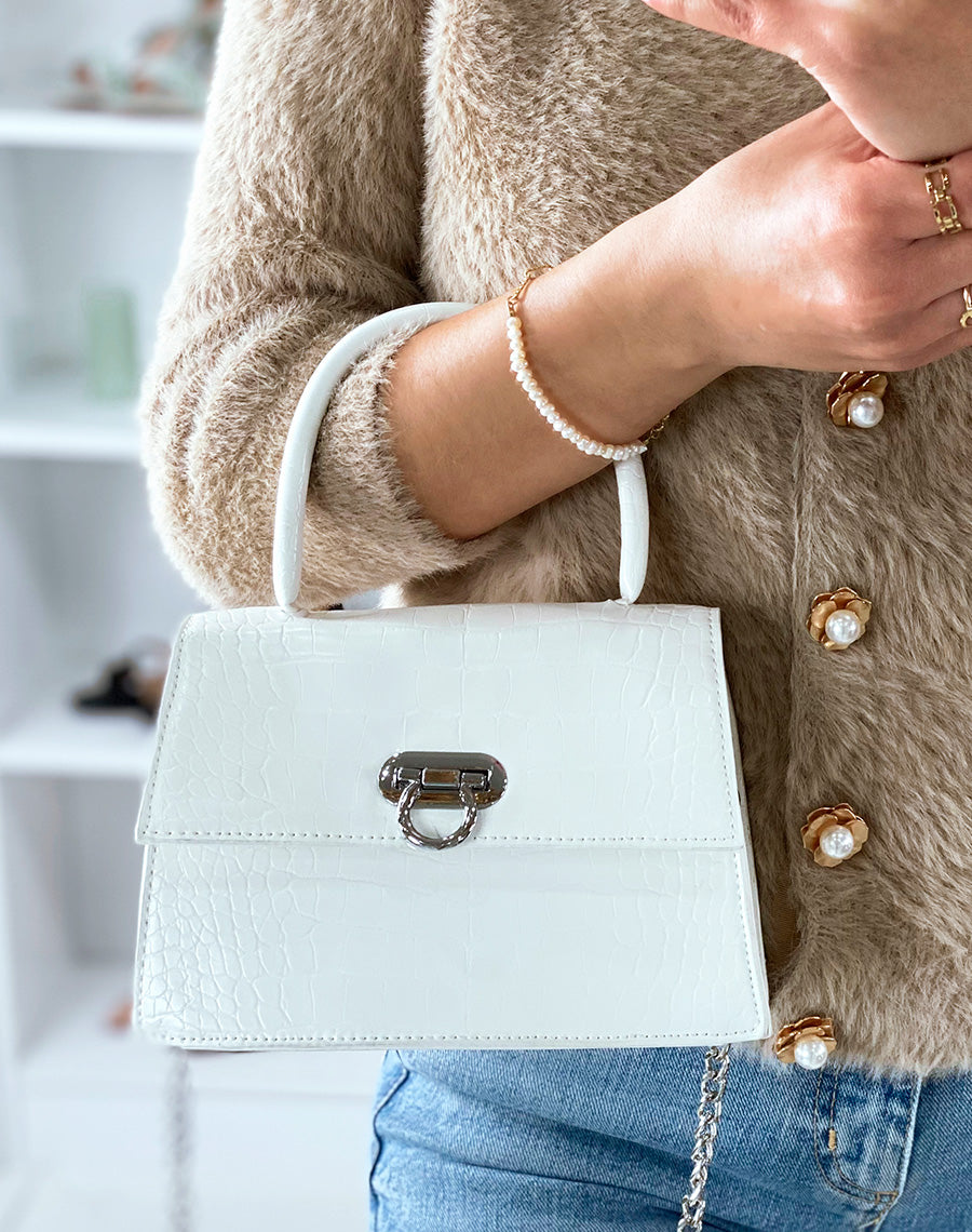 Mini sac à main trapèze effet croco blanc