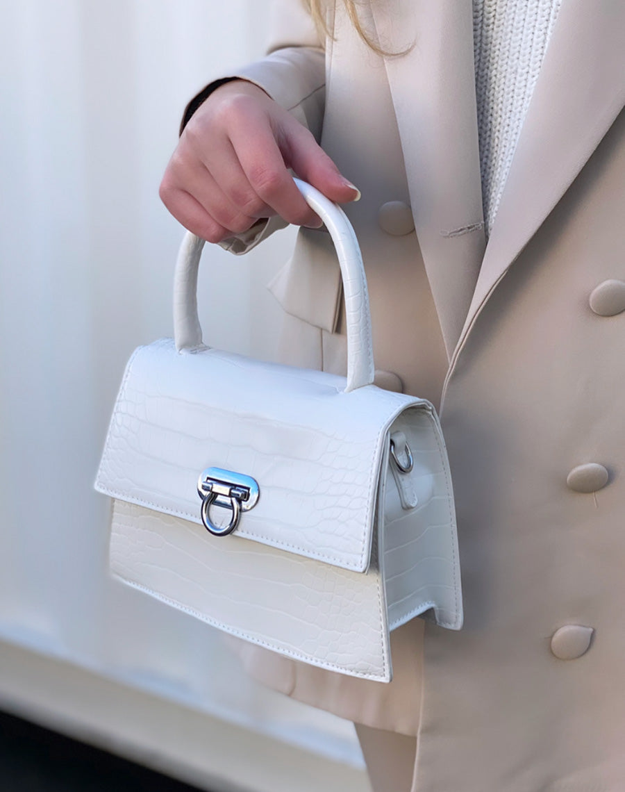 Mini sac à main trapèze effet croco blanc