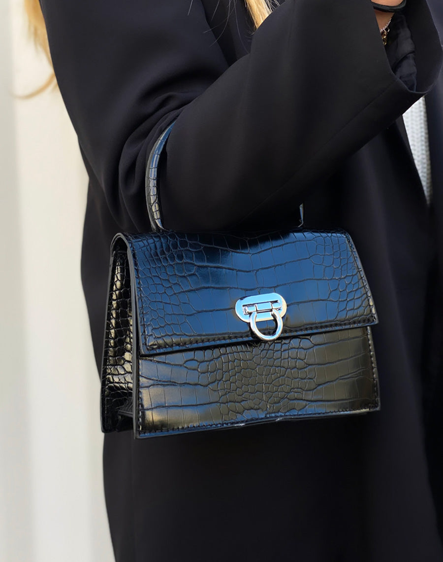 Mini sac à main trapèze effet croco noir