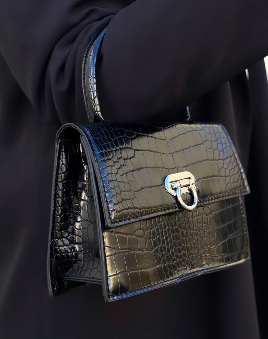 Mini sac à main trapèze effet croco noir