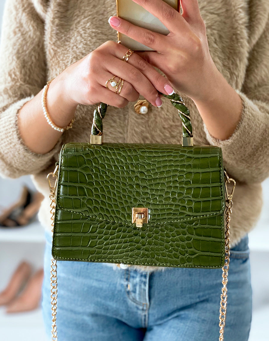 Mini sac à main vert effet croco aux détails dorés