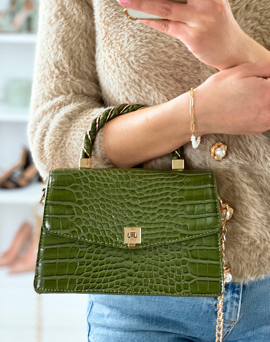 Mini sac à main vert effet croco aux détails dorés
