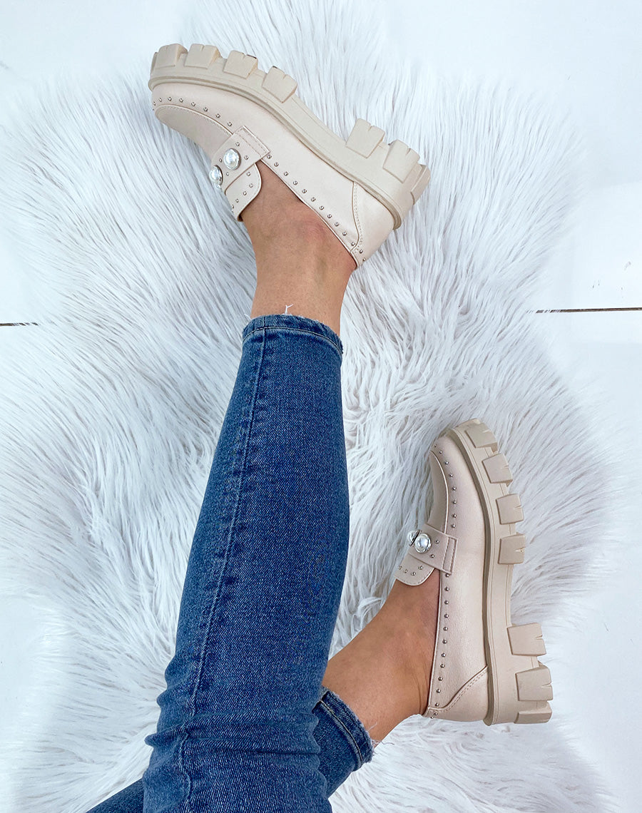 Mocassin beige perlé à grosse plateforme