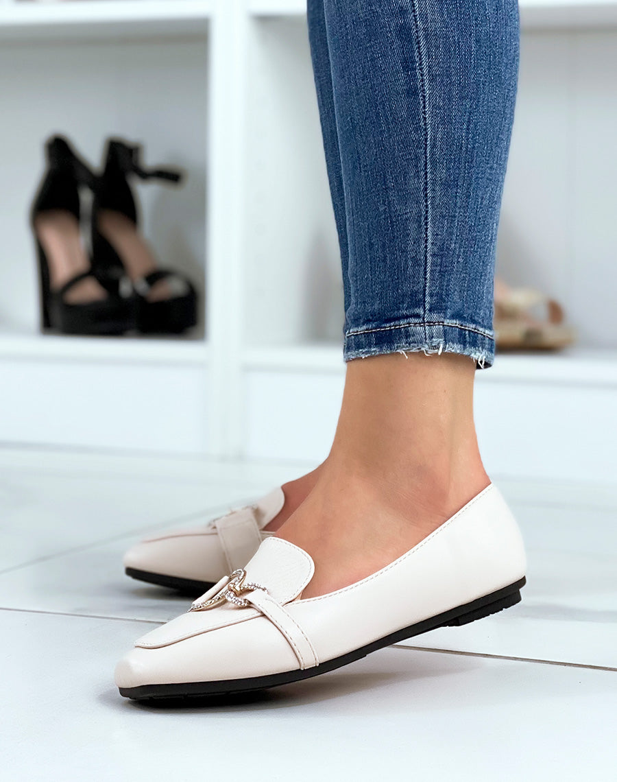 Mocassins beiges à boucles asymétriques dorées à strass