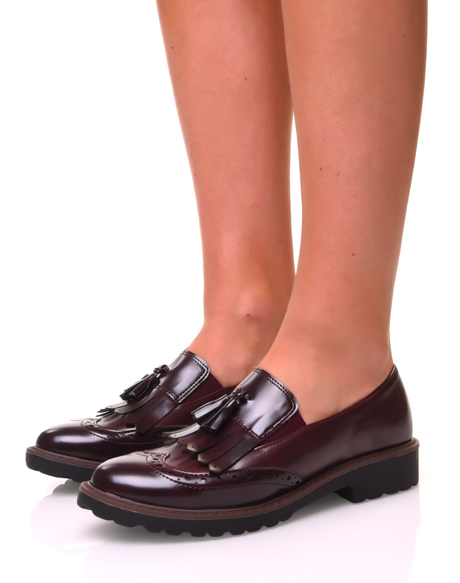 Mocassins bordeaux bi-matières à franges avec un pompom