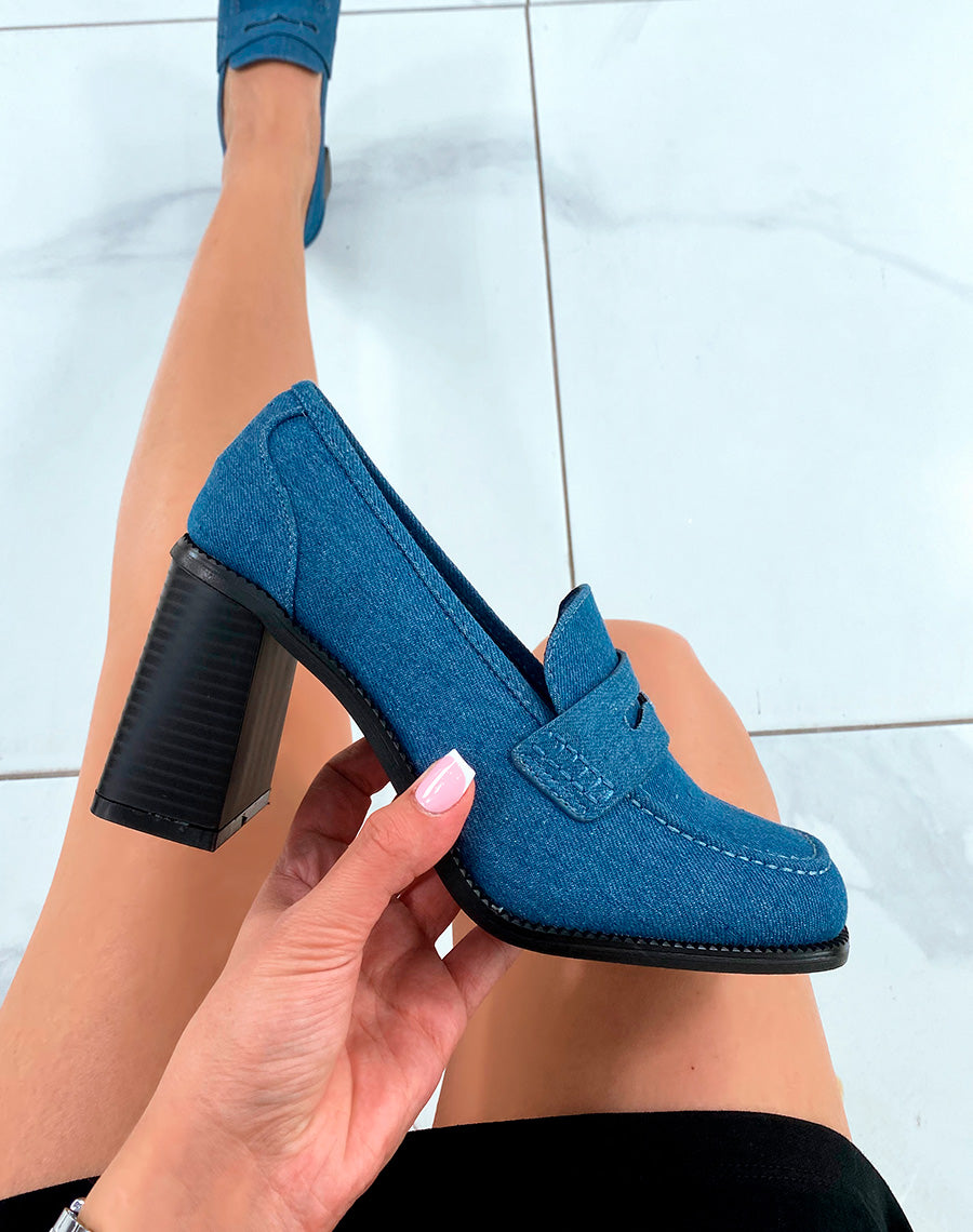 Mocassins femme tendance en jean à talon carré