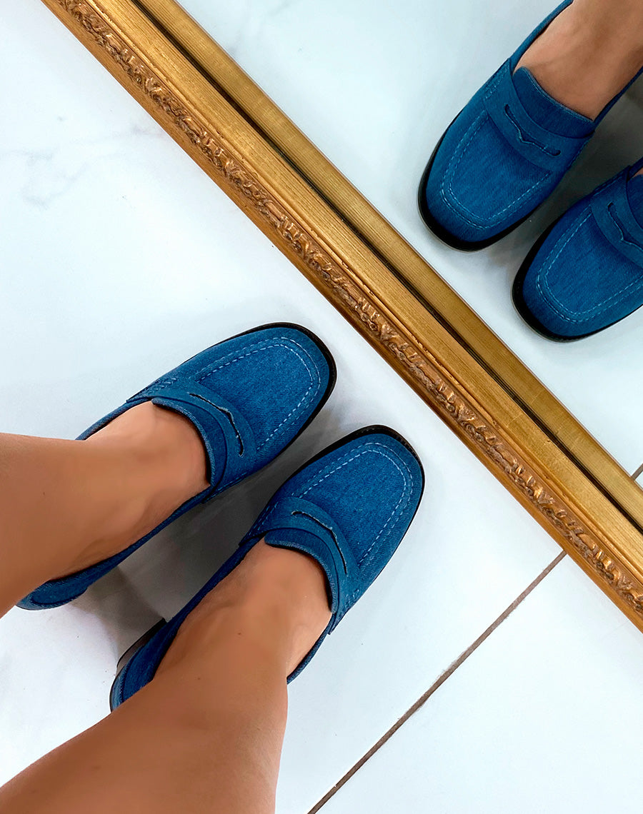 Mocassins femme tendance en jean à talon carré