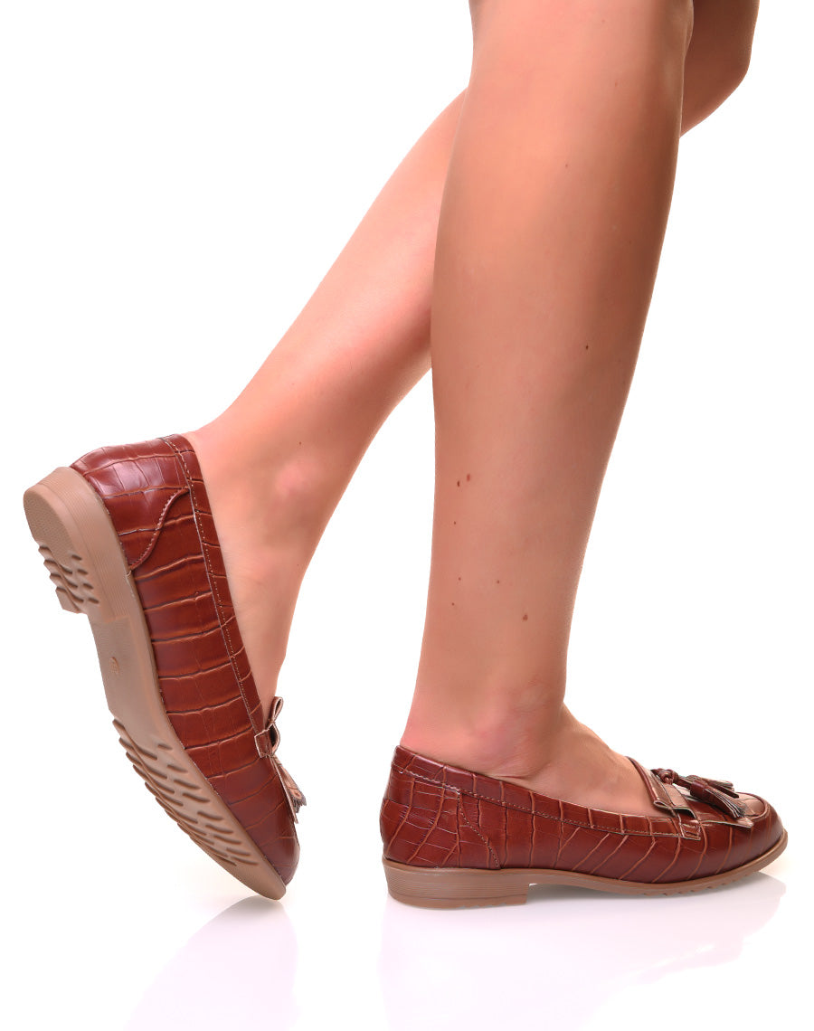 Mocassins à franges et pompons effet croco marron