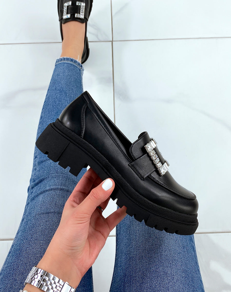 Mocassins noirs avec empiècement strass carré et semelle crantée
