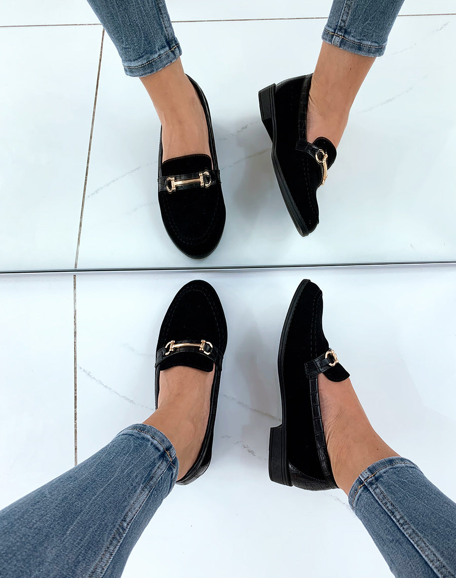 Mocassins noirs bi-matières suédine et croco