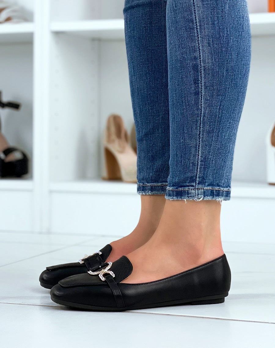 Mocassins noirs à boucles asymétriques dorées à strass