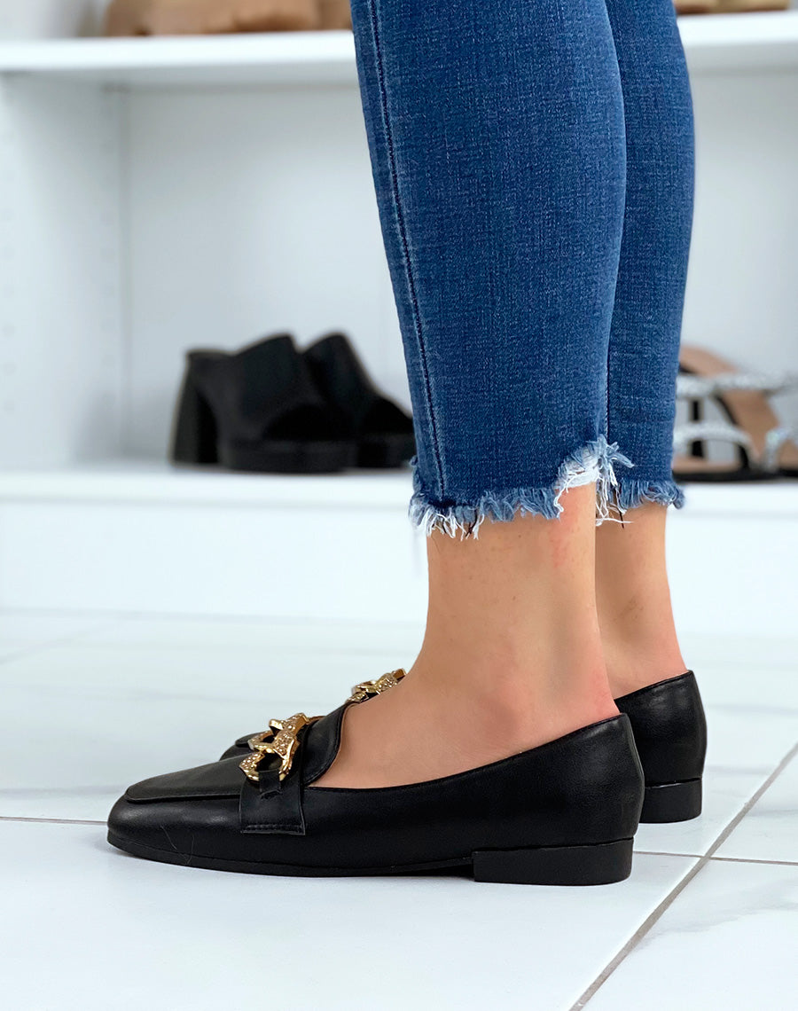 Mocassins noirs à chaîne dorée à strass