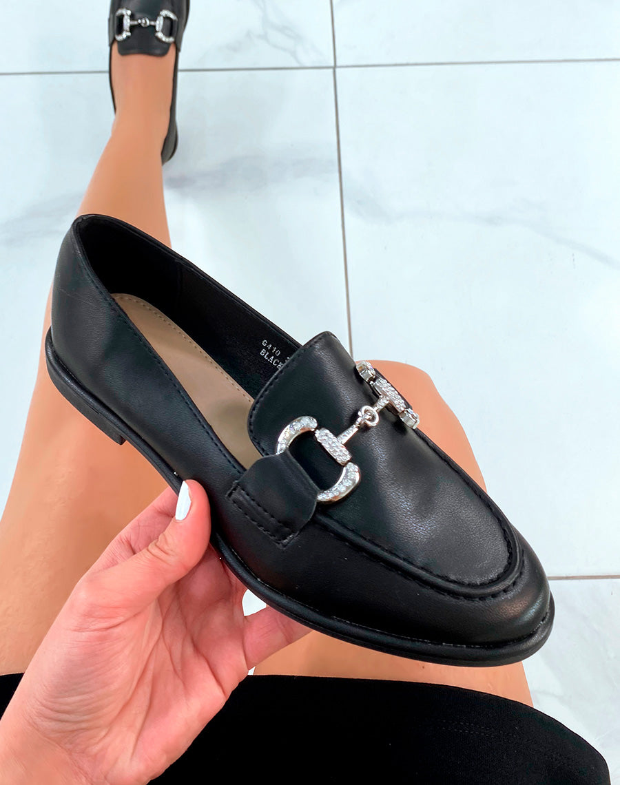 Mocassins noirs à semelle plate avec détail strassé