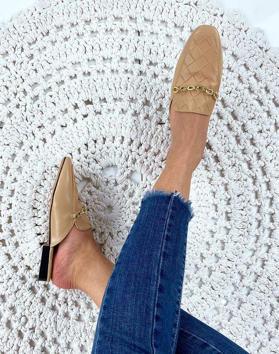 Mule style mocassin camel en simili cuir