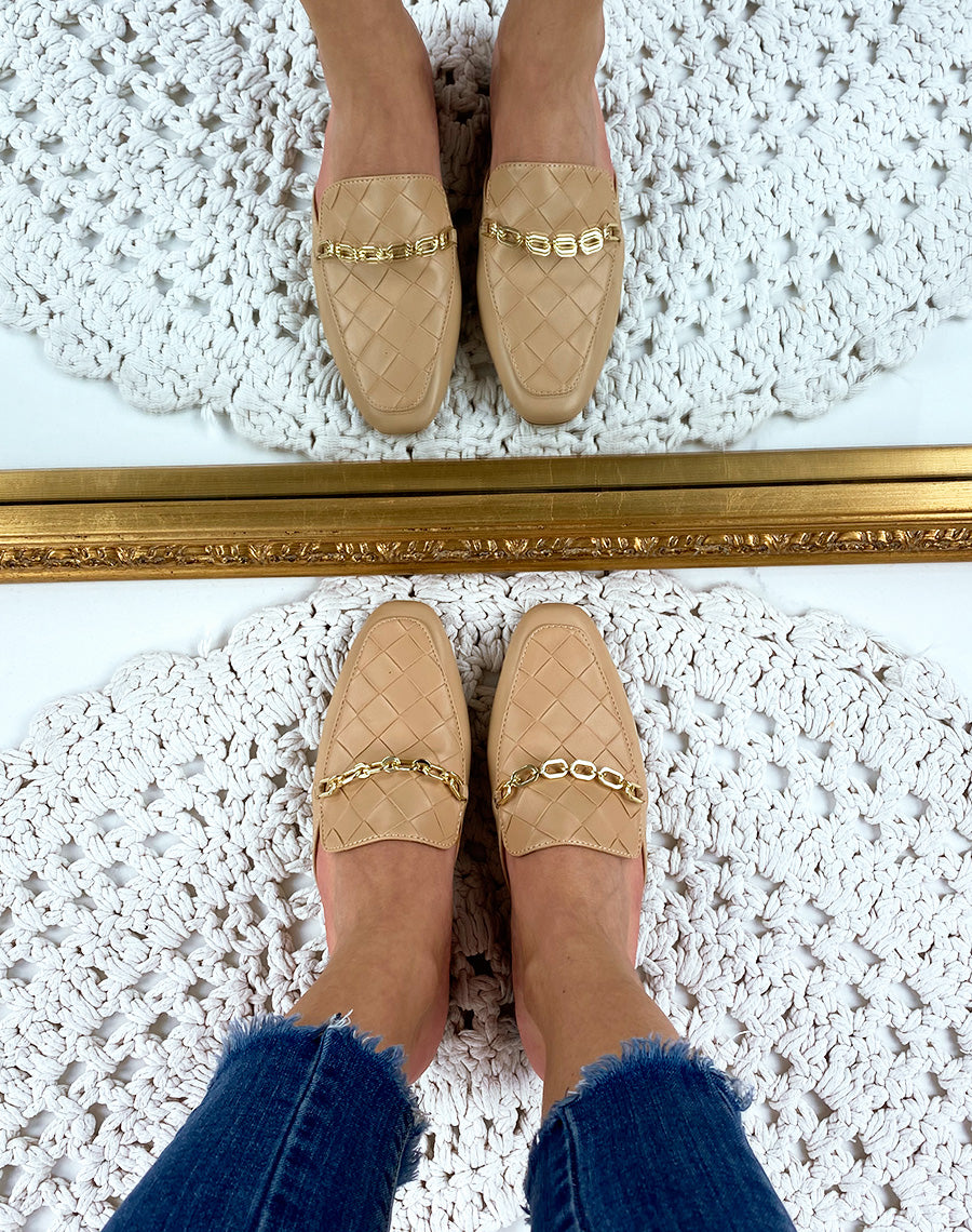 Mule style mocassin camel en simili cuir