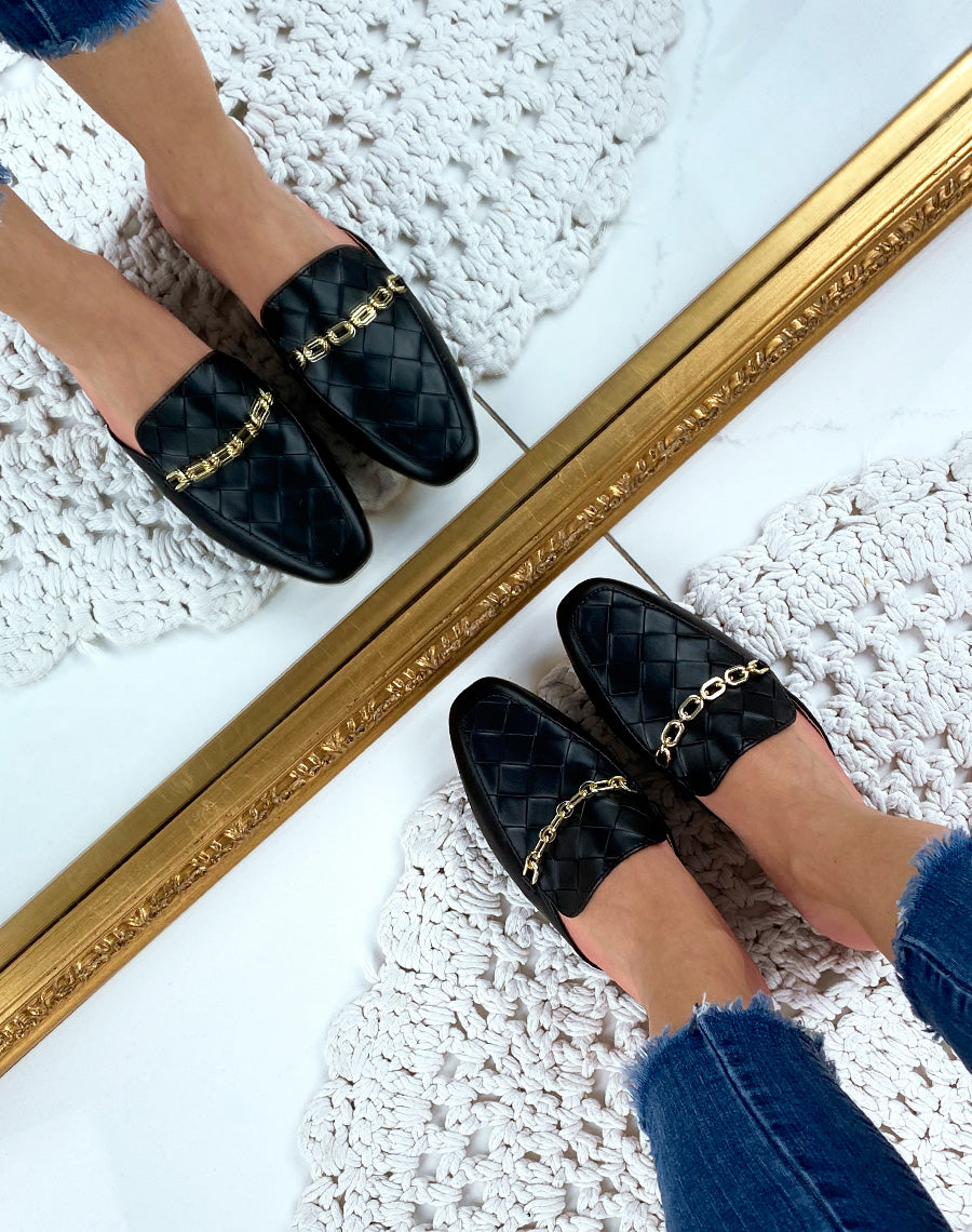 Mule style mocassin noir en simili cuir