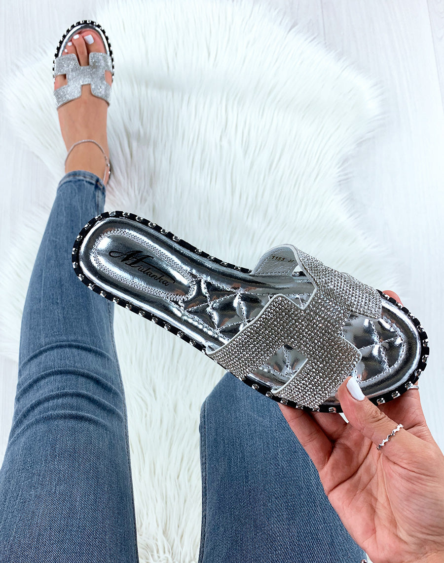 Mules argentées à strass