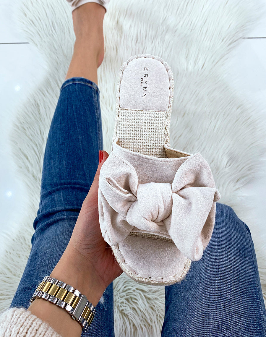 Mules compensées beiges à noeud