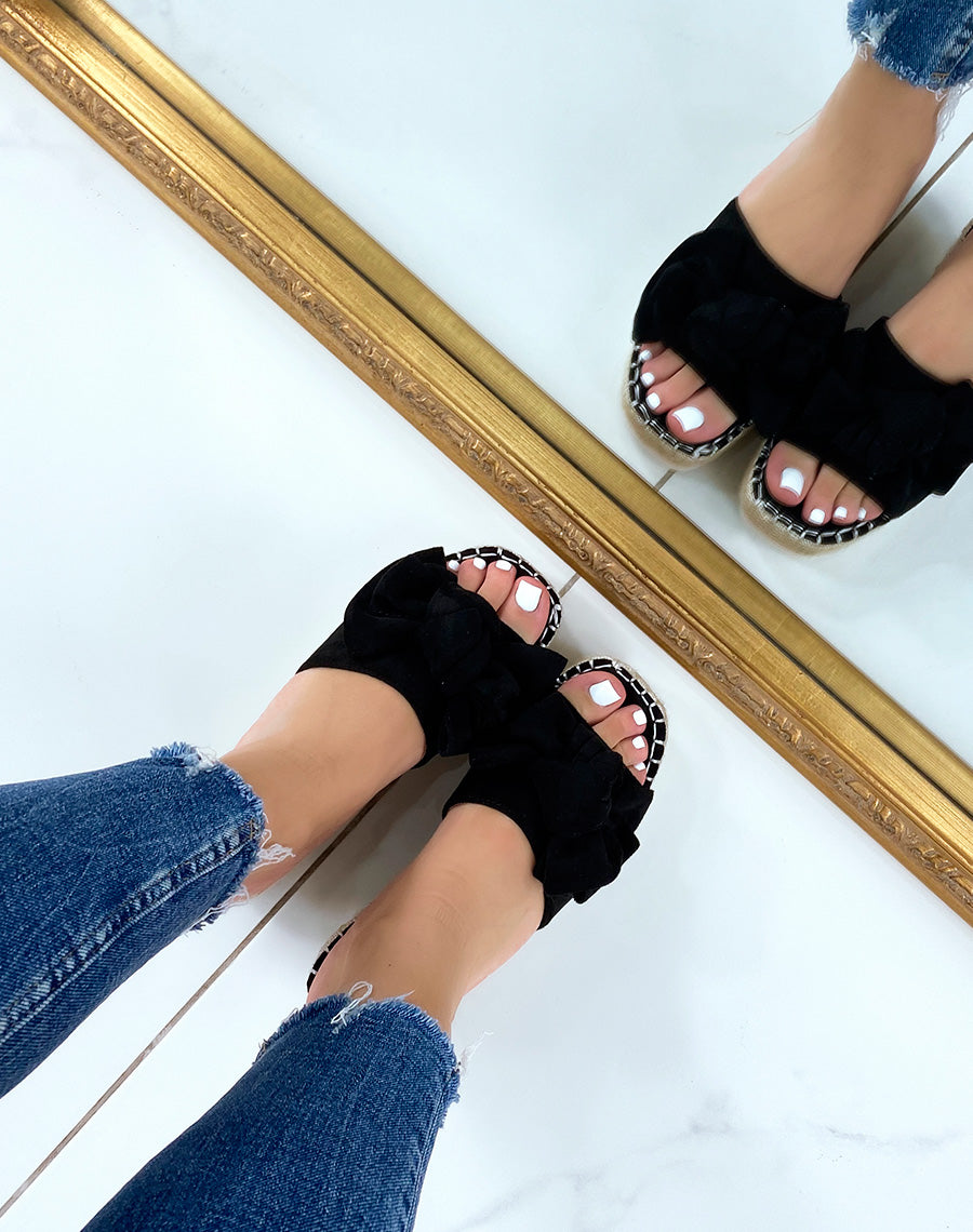 Mules compensées noires à nœud