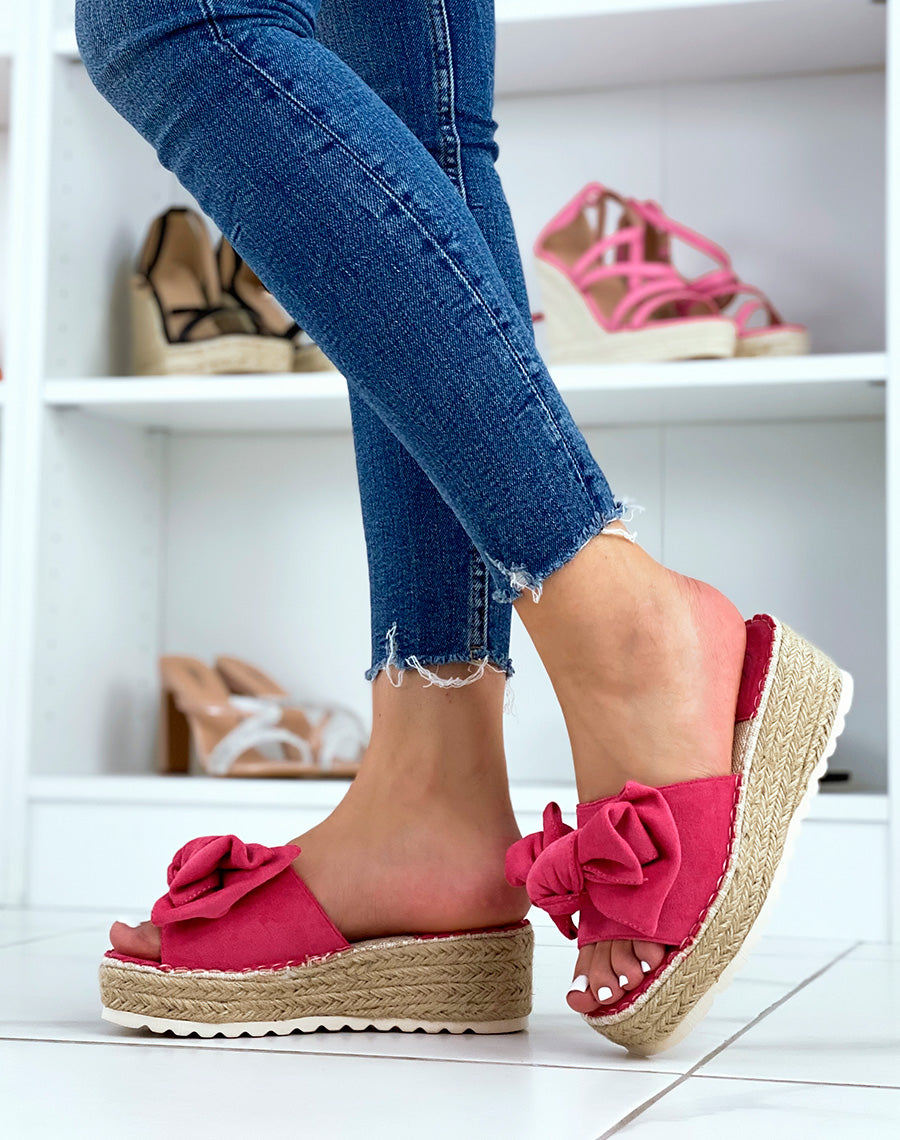 Mules compensées rose fushia à nœud