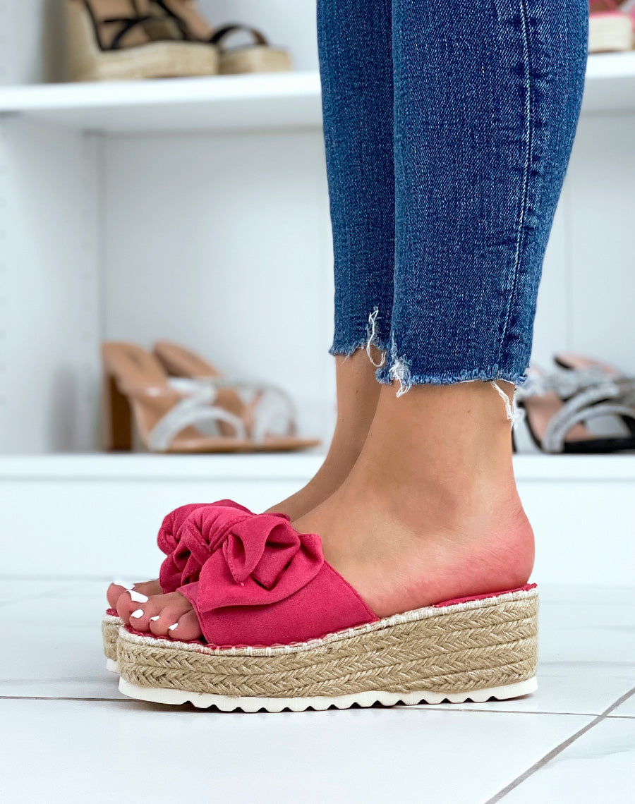Mules compensées rose fushia à nœud