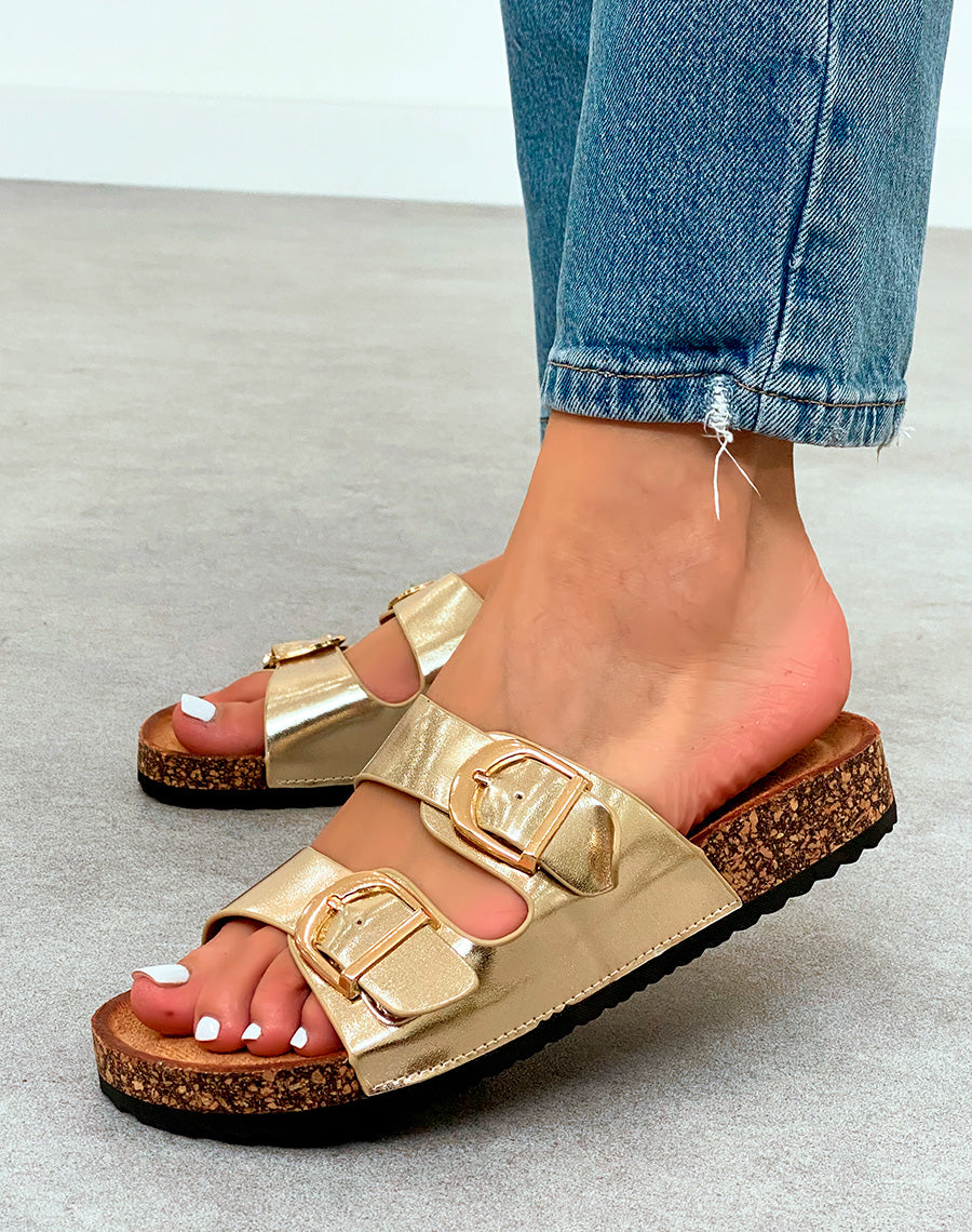 Mules Dorées avec Double Sangle et Boucles Dorées – La Touche Chic