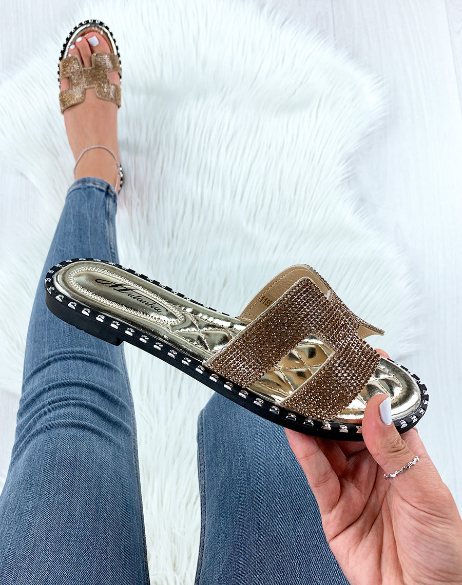 Mules dorées à strass