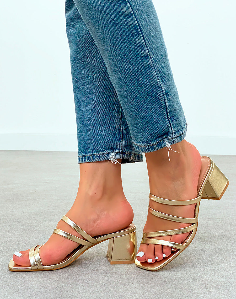 Mules Doré Femme à talon moyen avec plusieurs brides entrecroisés