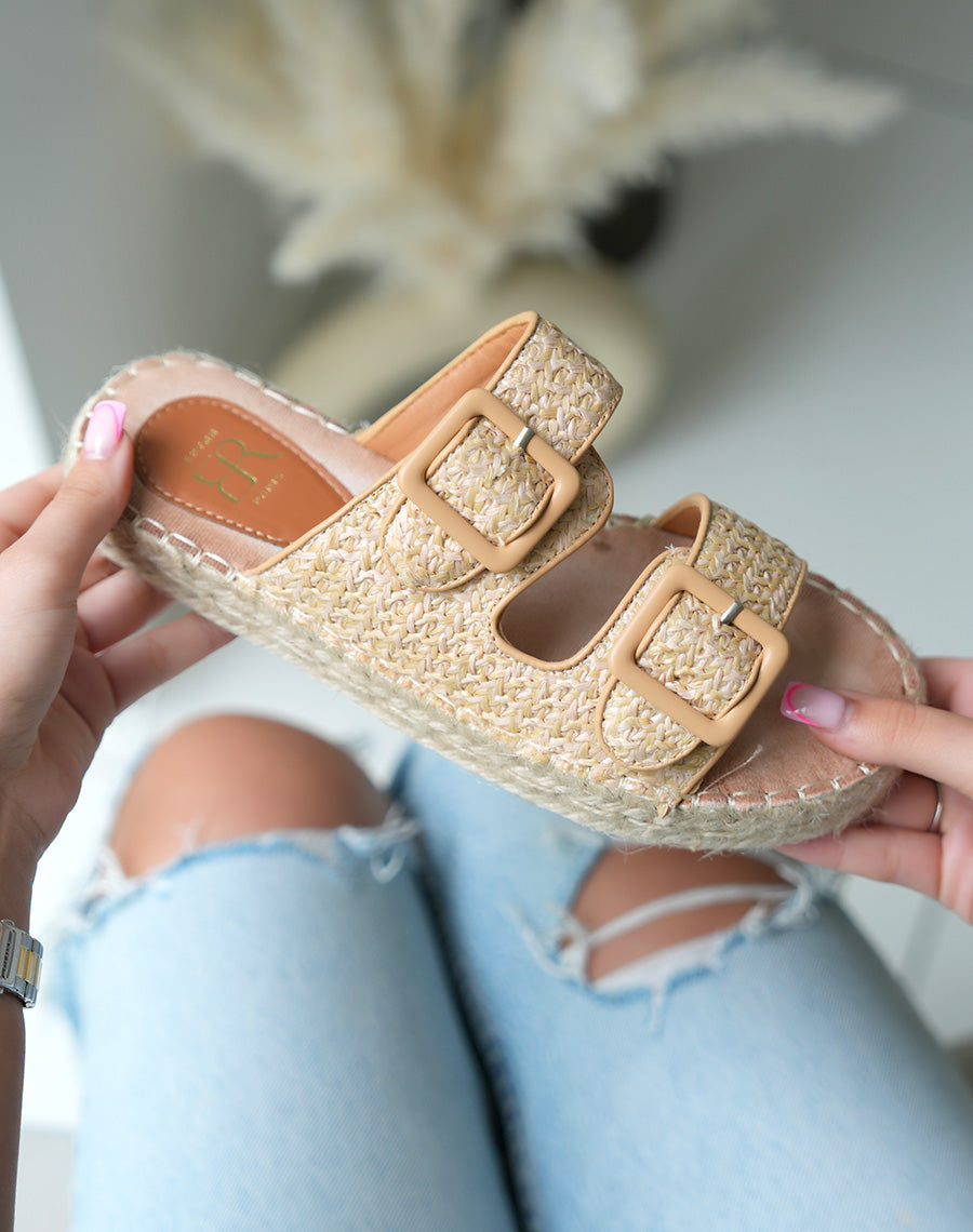 Mules à double bride femme effet tissé beige avec semelle épaisse en corde tendance