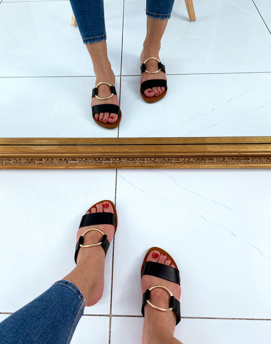 Mules à double bride noires et à fine semelle