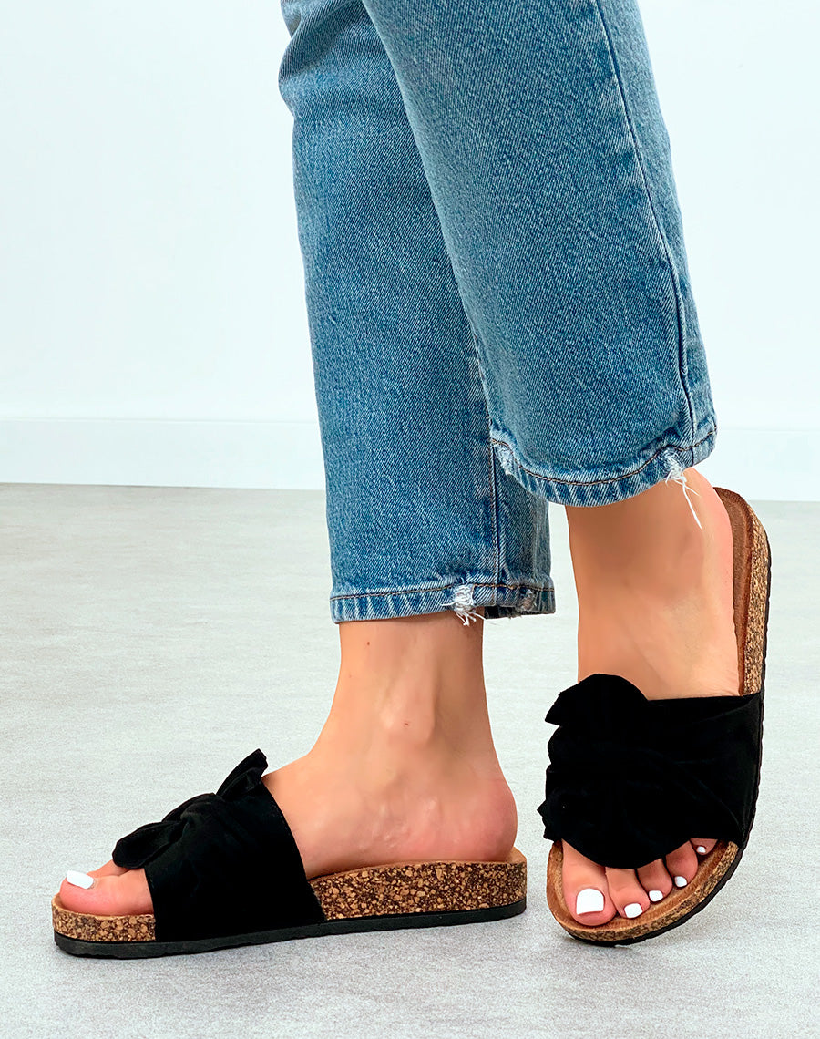 Mules en Suédine Noire avec Noeud Décoratif et Semelle Épaisse Marron pour Femme