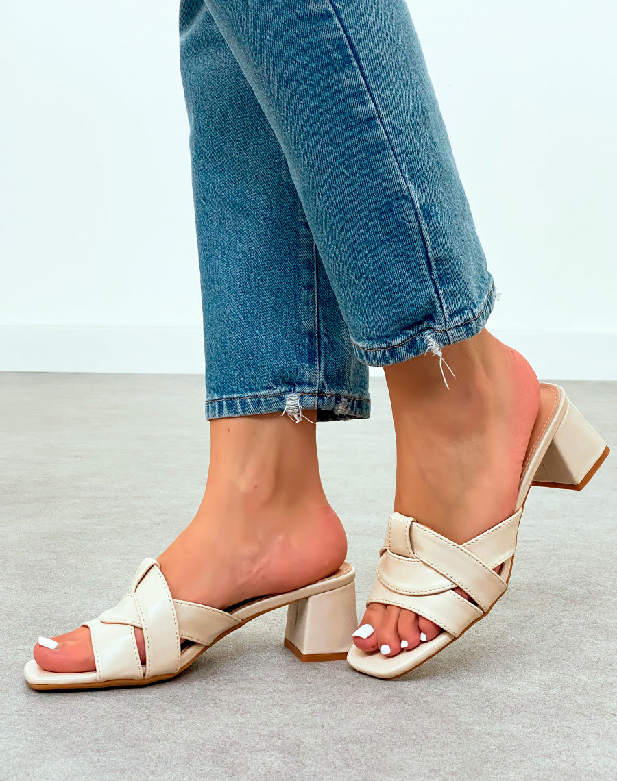 Mules Femme Beige à Talon Carré et Brides Entrecroisées – Élégance Épurée